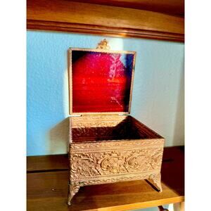 Antique Victorian Ornate Copper and Cobalt Stained Glass Jewelry Box
